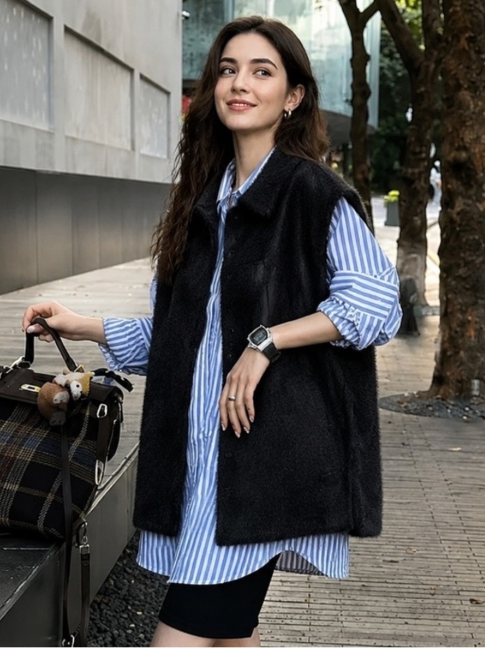 Women’s Black Fuzzy Knit Open-Front Longline Vest